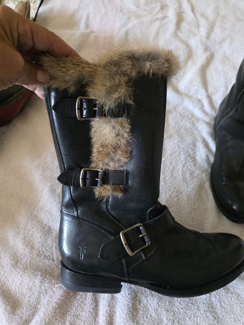 Frye Black Leather Fur-Trim Buckle Boots
